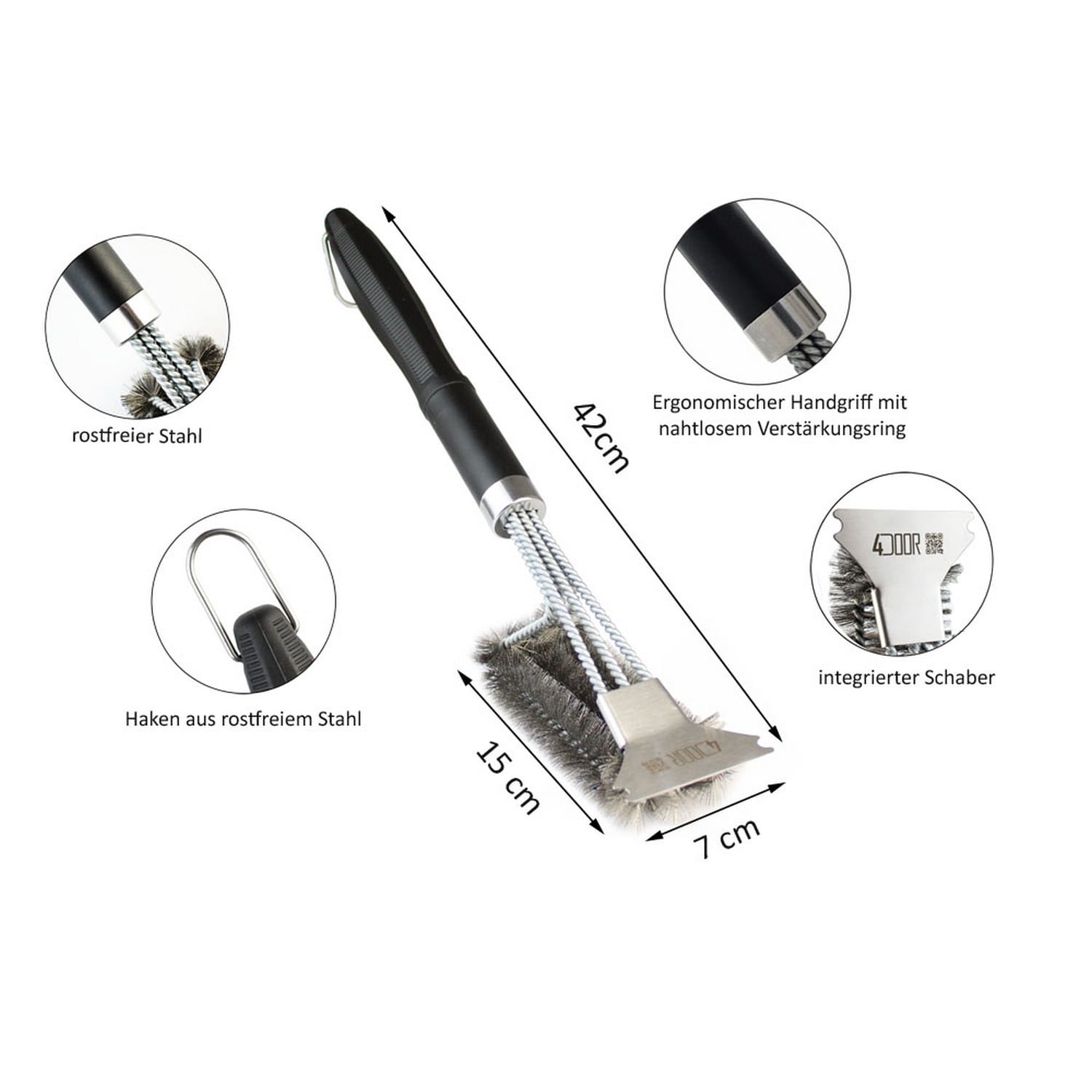 4DOOR Grillbürste BBQ aus Edelstahl mit integriert Schaber BILD 3